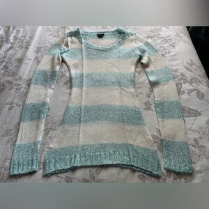 Rue21 Y2K Aqua Sequin Stripe V Neck Wool Blend‎ Knit Sweater Medium 00s Bratz